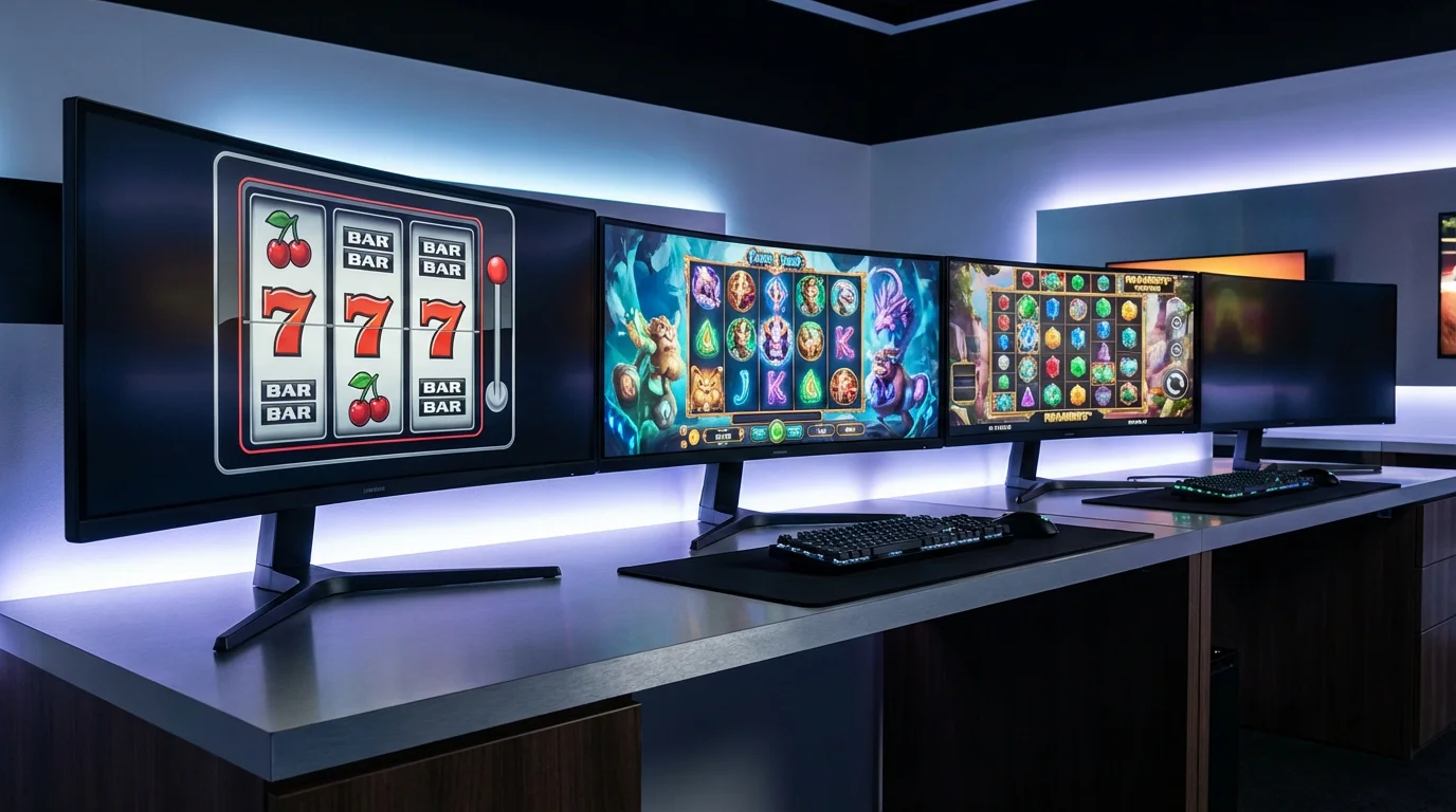 Different slot machine types displayed on multiple screens