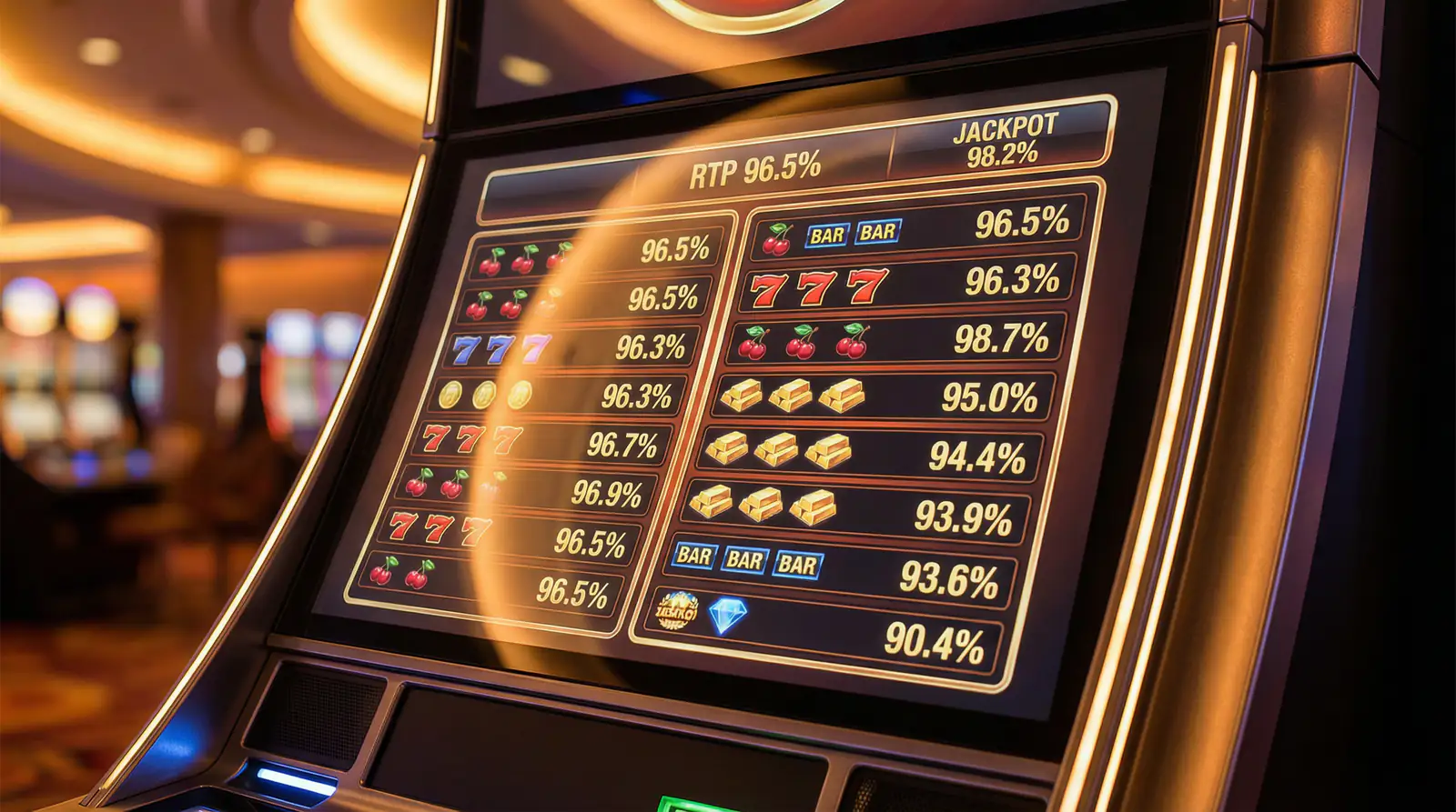 Close-up of slot machine paytable showing percentage values
