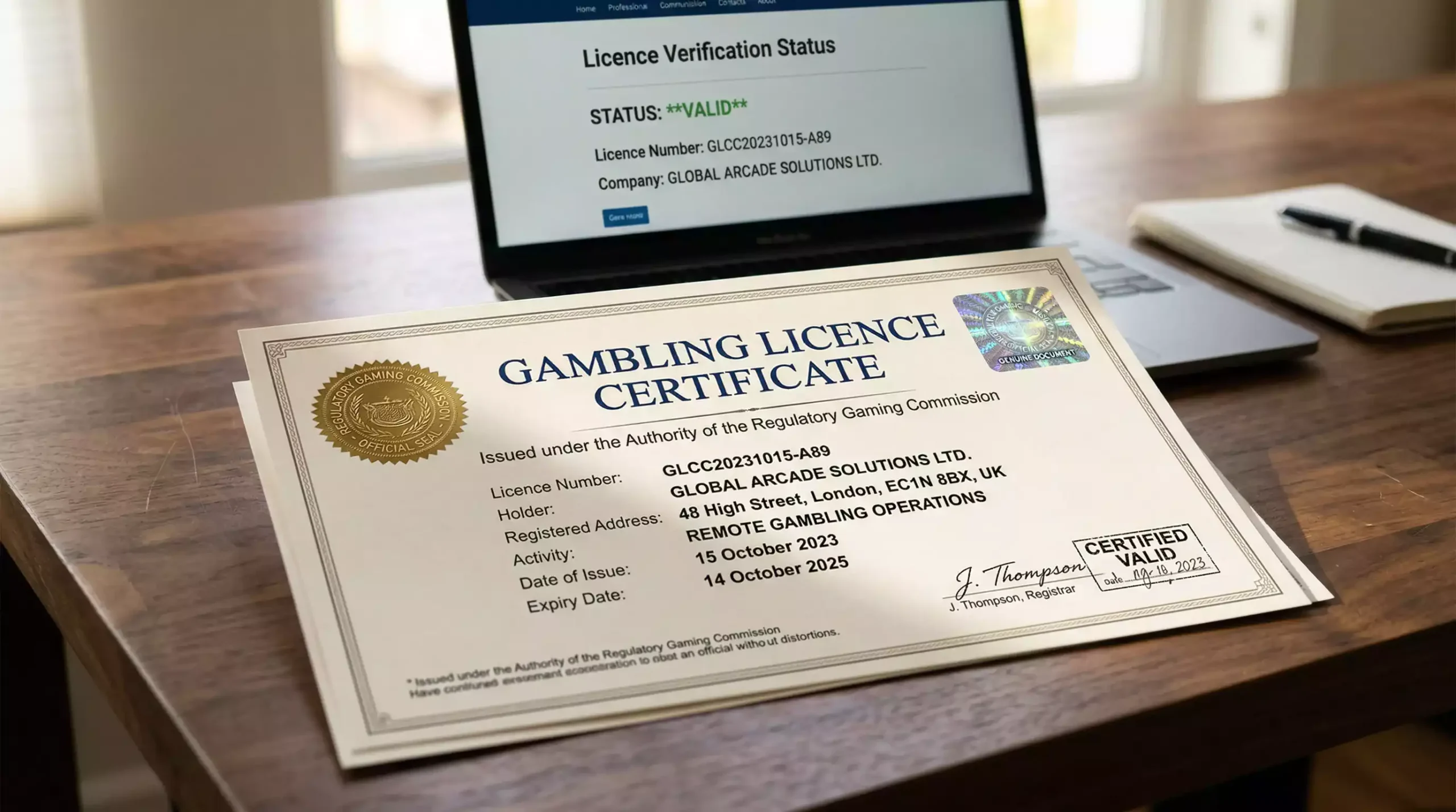 Official gambling licence document with security seal