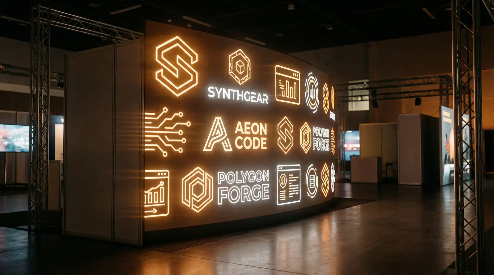 Game developer logos illuminated on a digital display board