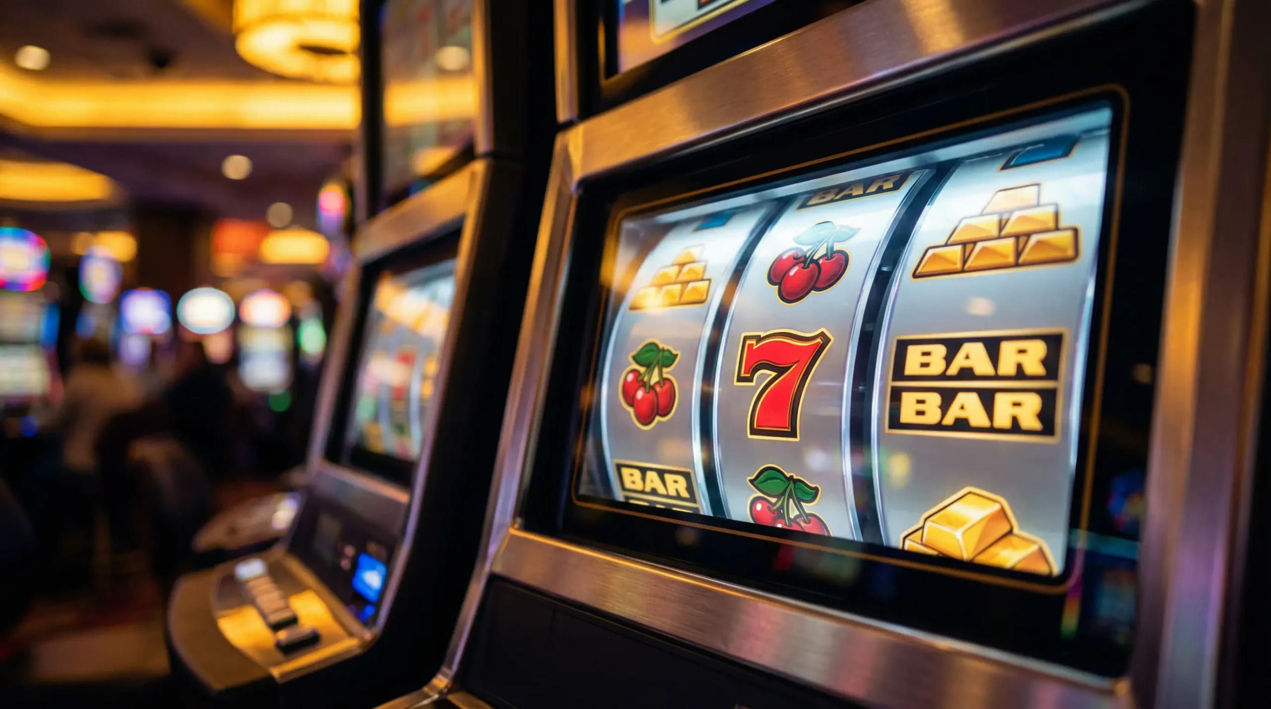 Slot machine reels glowing in a dimly lit casino setting